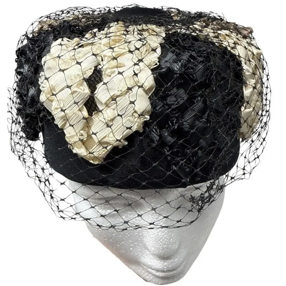 VTG 1950s Pillbox Hat Net Veil Womens Black Cream Taupe Woven Raffia Rockabilly - Picture 5 of 11